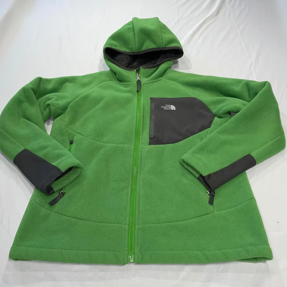The North‎ Face Boys Full Zip Sherpa Lined Fleece Hoodie Green Grey Large 14/16